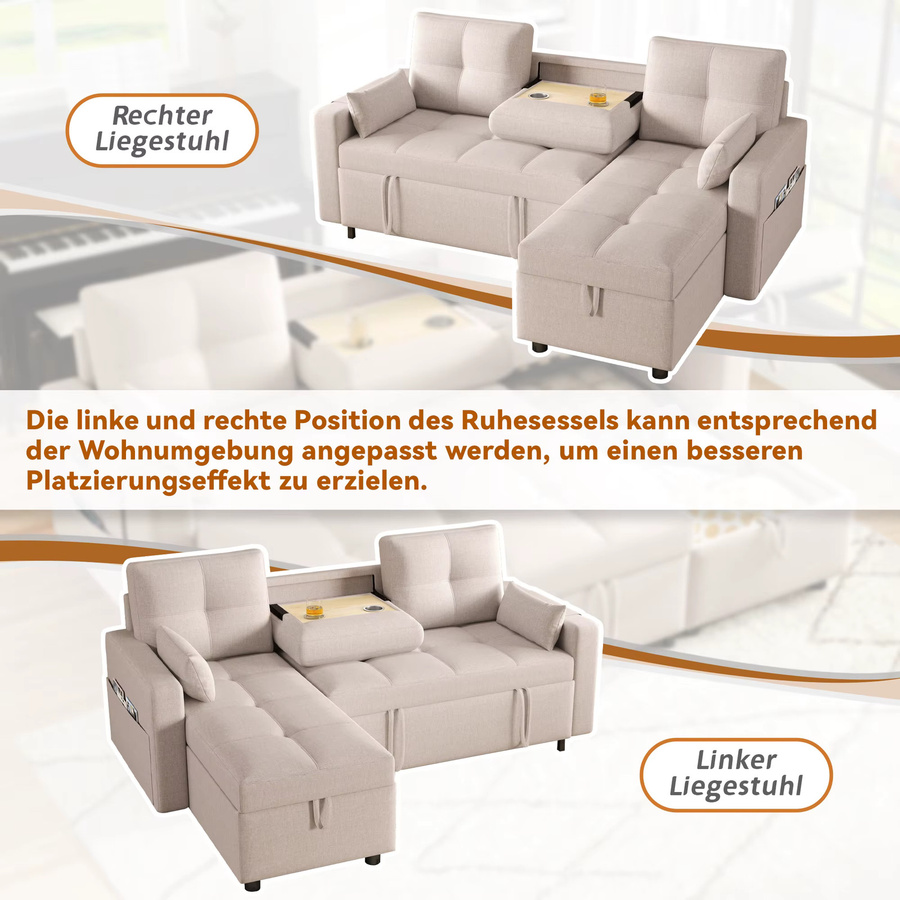 Modulares Ecksofa mit Schlaffunktion und reversiblem Liegeelement, 3-4 Personen, Beige - Bild 3
