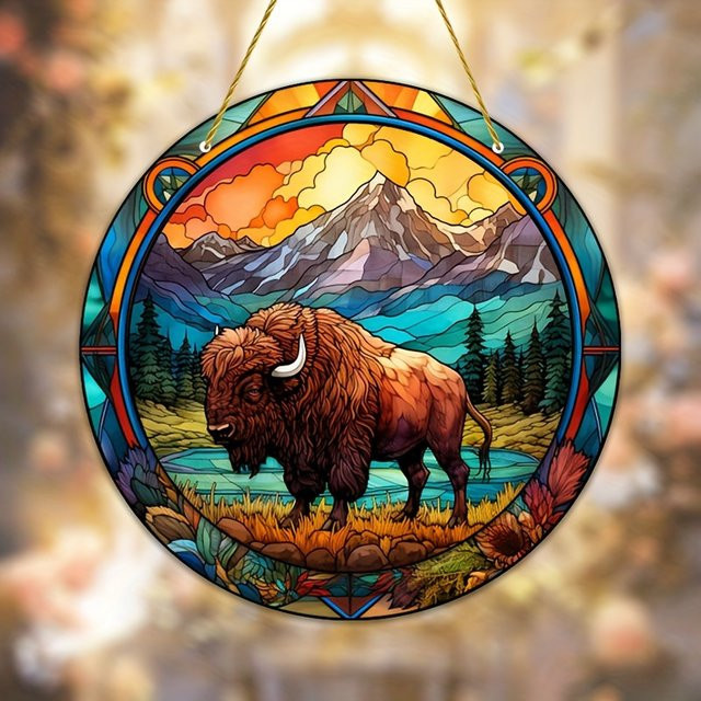 Bison Sun Catcher aus Acryl als runde Glasmalerei für Fenster und Garten, Multicolor Wandbehang im Bauernhaus-Stil, Durchmesser: 15 cm - Bild 1