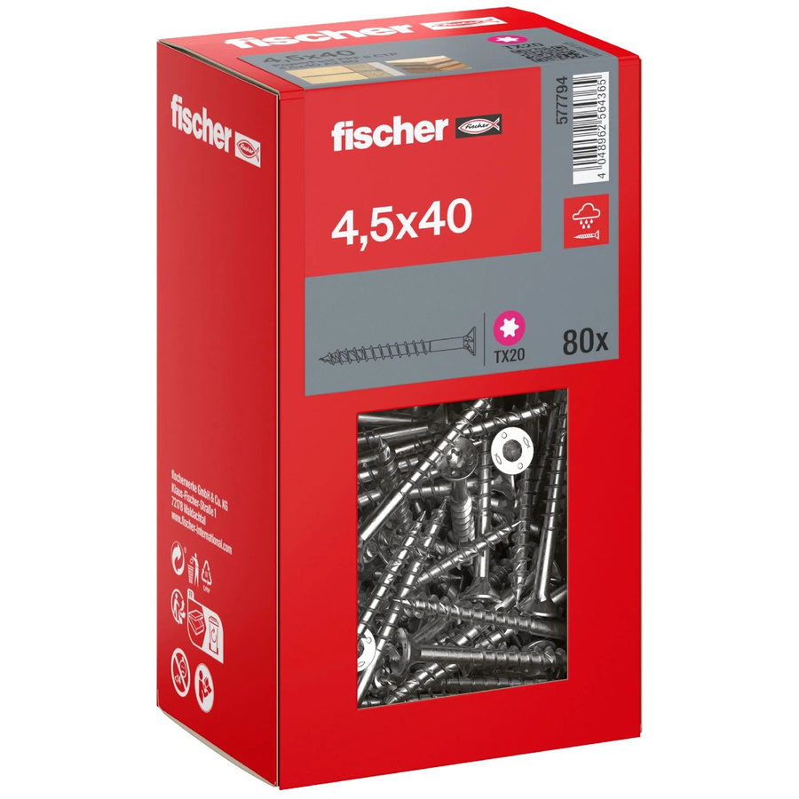 Fischer PowerFast II A2 Senkkopf Torx Teilgewinde Schraube aus Edelstahl in Silber, Durchmesser: 4,5 mm, Länge: 40 mm, 80 Stück - Bild 2