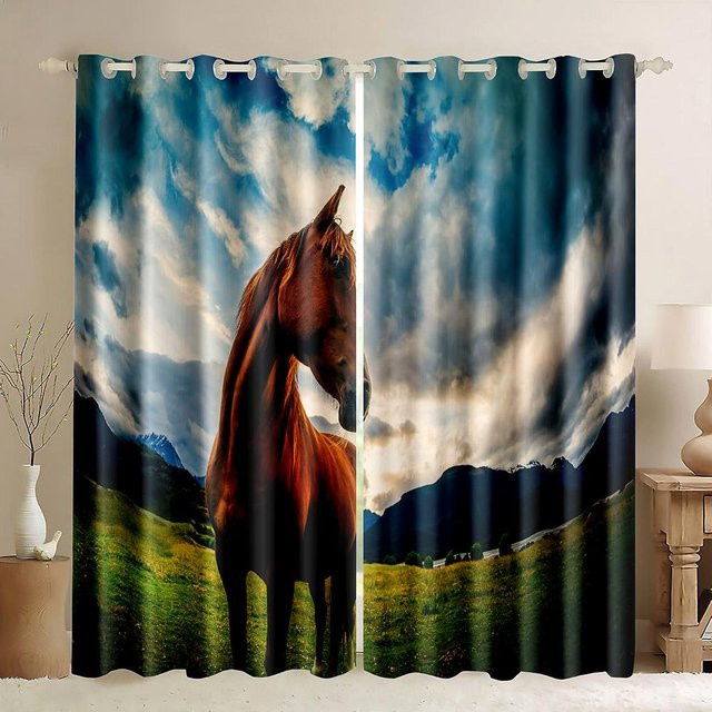 A Family Of Home Textiles Fenster Vorhang mit Pferde 3D Digitaldruck und Sonnenuntergang Muster, semi-transparent, Mehrfarbig, 2 Paneele, B: 70 cm, H: 165 cm - Bild 1