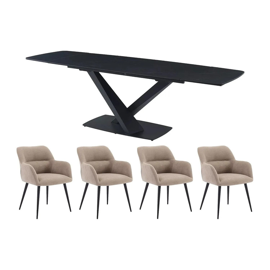 Vente-unique Essgruppe Malata in Schwarz und Beige mit Keramiktisch im Marmoreffekt und Stoffstühlen, ausziehbar, B/T/H: 260 x 180 x 76 cm - Bild 2