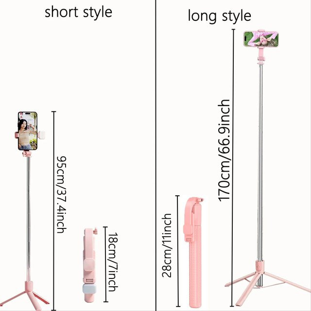 Ausziehbarer Selfie-Stick mit Stativ aus Aluminium in Pink inklusive Fülllicht und Bluetooth-Fernbedienung für iOS und Android - Bild 1