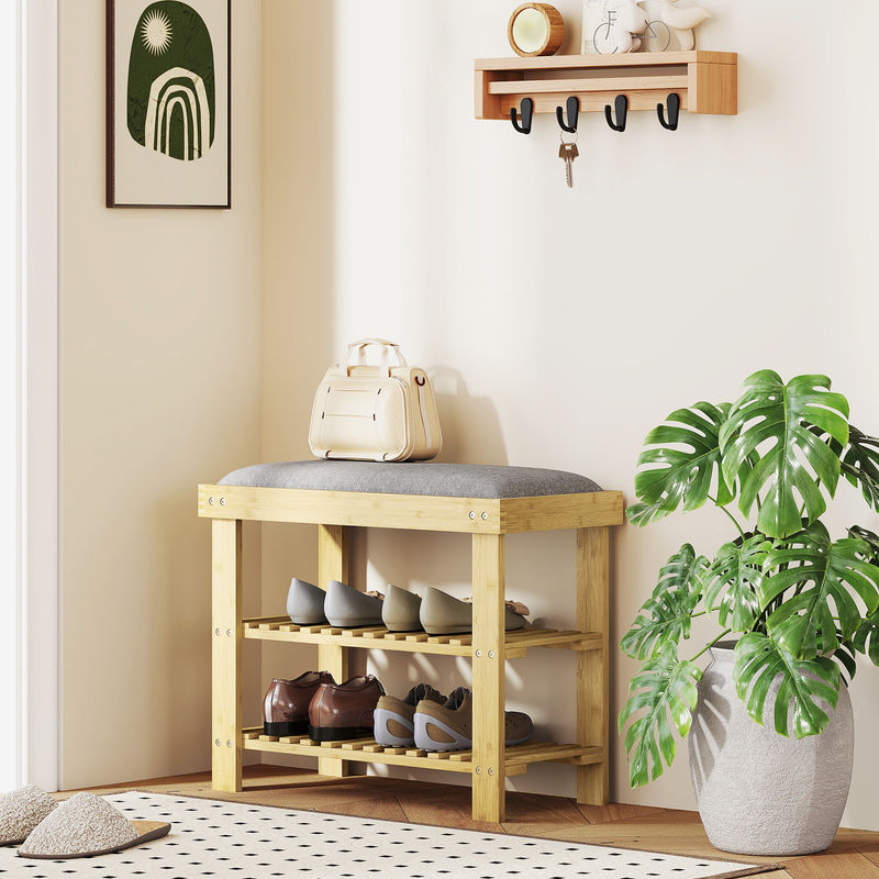 HOMCOM Schuhbank aus Bambus mit grauer Sitzfläche und Schuhregal, B/T/H: 60 x 29 x 49 cm - Bild 2