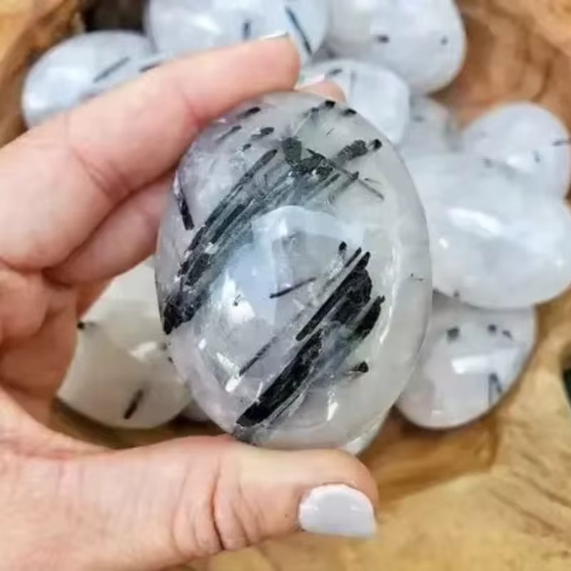 CrystalHola Schwarzer Rutilquarz Palm-Stein als natürlicher Kristall für Aquariendekoration und Hausgarten, Schwarz, Oval - Bild 3