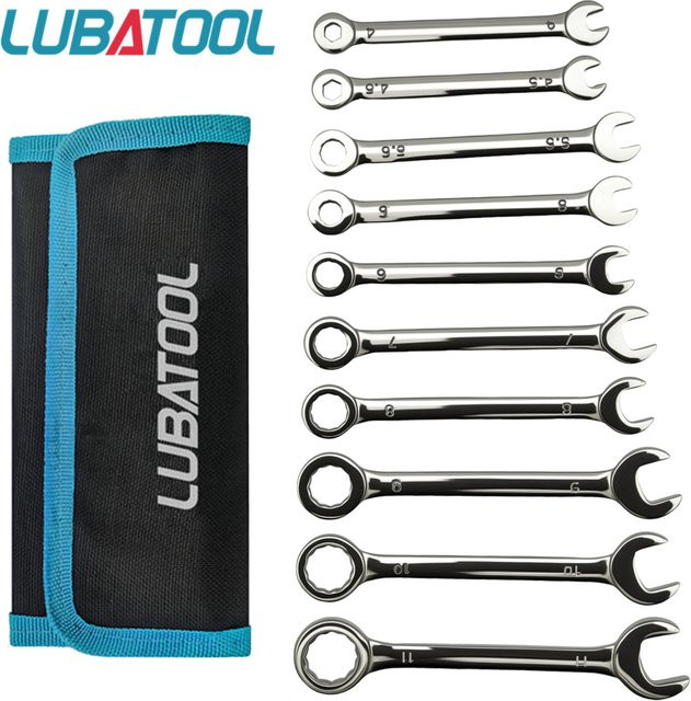 LUBATOOL Mini Kombinationsschlüssel Set 10-teilig in Silber, metrisch 4-11mm und SAE 5/32"-7/16" inklusive Tasche - Bild 1