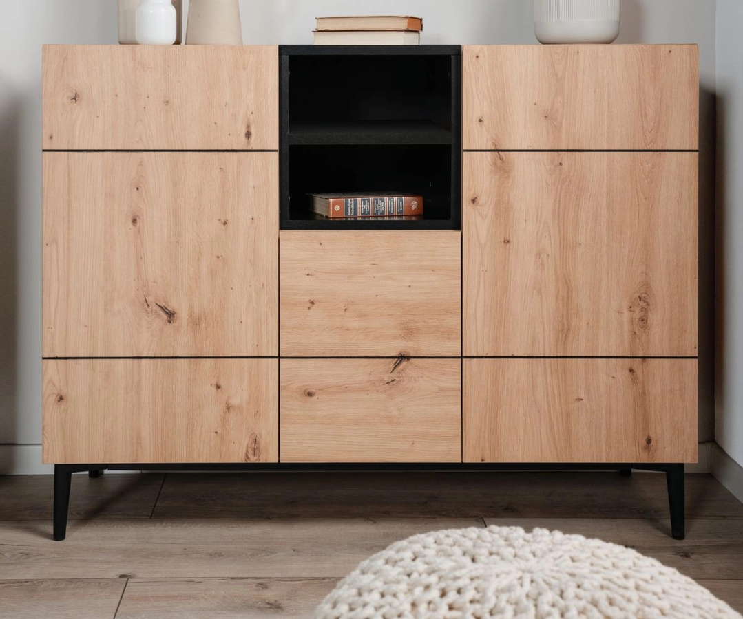 Kommode Liam von Furn.Design in Eiche Artisan und Schwarz, 3-türig mit 8 Fächern, B: 120 cm, H: 90 cm, T: 42 cm - Bild 1