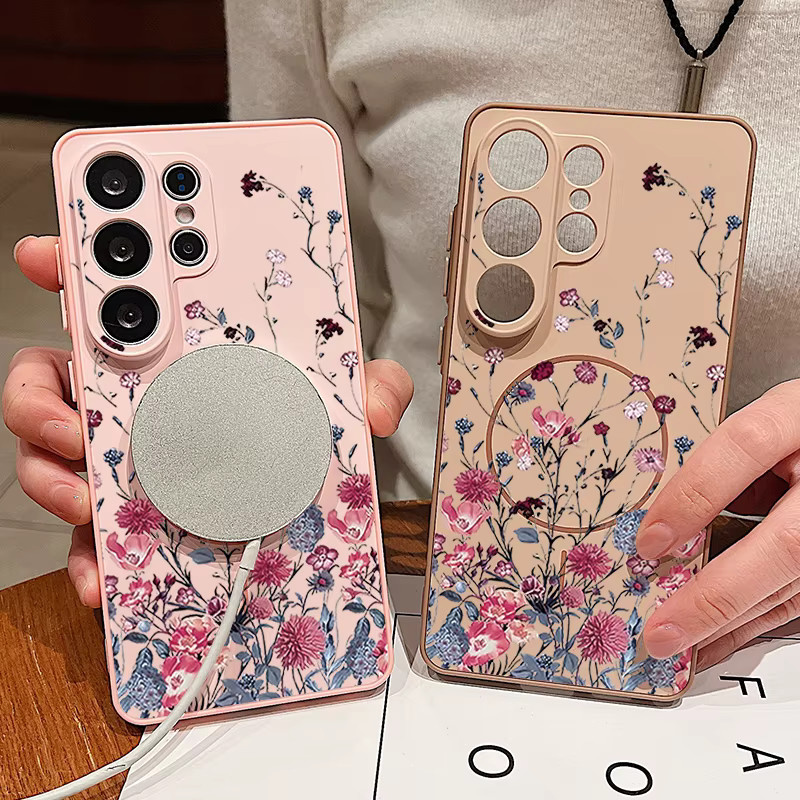 Magnetische Handyhülle mit Retro-Blumenmuster für Samsung Galaxy S25 S26 Ultra Edge S24 S23 FE A17 A56 A37 A16 A55 A15 A36 A55 in Pink - Bild 3