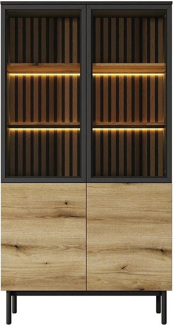 Vente-unique Vitrinenschrank Labenia in Schwarz und Naturfarben Hell mit Glastüren und LED-Beleuchtung, Breite: 100,1 cm - Bild 1