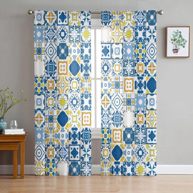 Marokkanischer Tüllvorhang von Yiran Furniture, bedruckter Voile-Vorhang in Blau und Transparent mit Ösen, Breite: 135 cm, Höhe: 115 cm - Bild 1