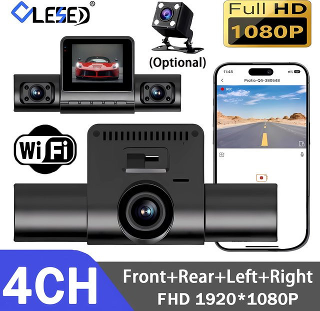 4-Kanal Full HD 1080P Auto-DVR Dashcam mit WLAN und Nachtsicht, Blackbox mit Innenraumkamera und 24H Parküberwachung, Schwarz - Bild 1