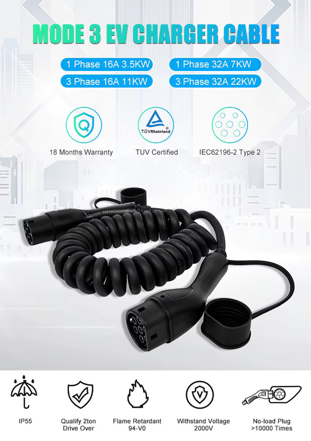 NexEV Typ-2-zu-Typ-2 Spiralkabel für Elektrofahrzeuge, 1-phasig/3-phasig, 16A/32A, 7KW/11KW/22KW, Buchse auf Stecker, 5m, Schwarz - Bild 2