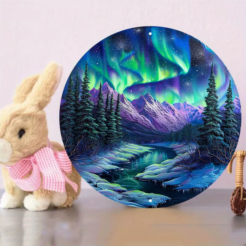 Rundes Aluminium-Metallschild Potdemiel mit Nordlichter-Landschaft, wetterbeständige Außenwanddekoration, Durchmesser: 20 cm, Mehrfarbig - Bild 3