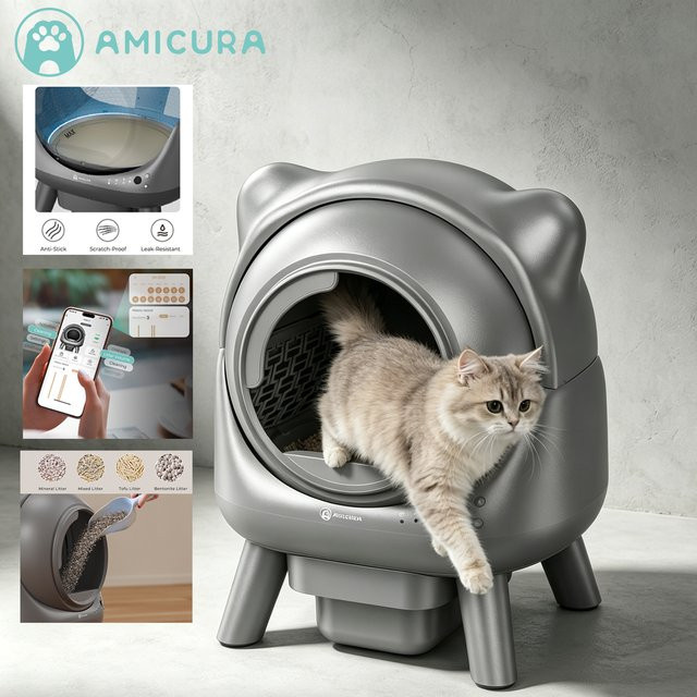 Amica Intelligente Automatische Katzentoilette mit App-Fernbedienung und Selbstreinigungsfunktion in Grau - Bild 1