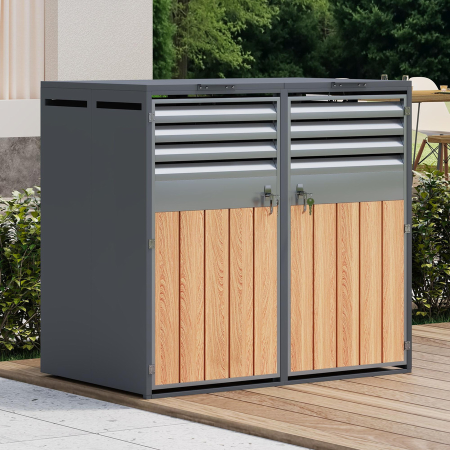 GL Store Mülltonnenbox mit hydraulischem Klappdeckel für 2 Mülltonnen aus Holz und verzinktem Stahl, Grau/Braun, B/T/H: 132 x 80 x 118,5 cm - Bild 2