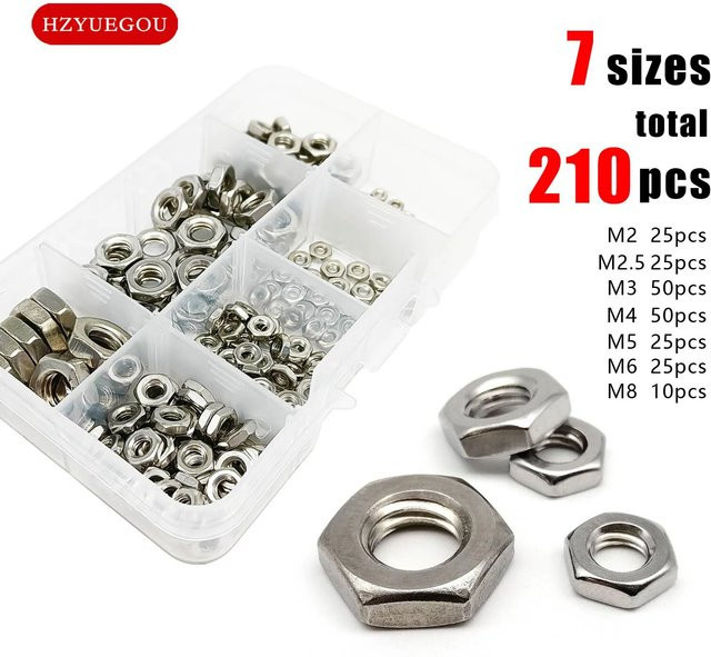 HZYUEGOU 210-teiliges Sechskantmutter-Set aus Edelstahl A2-70 in Silber, Sortiment Kit M2 bis M8 nach DIN439 GB6172 - Bild 1