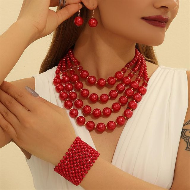 Lucky Star Jewelry Schmuck-Set, Perlenkette, Ohrringe, Armband, Zirkonia, rot, Damen - Bild 1