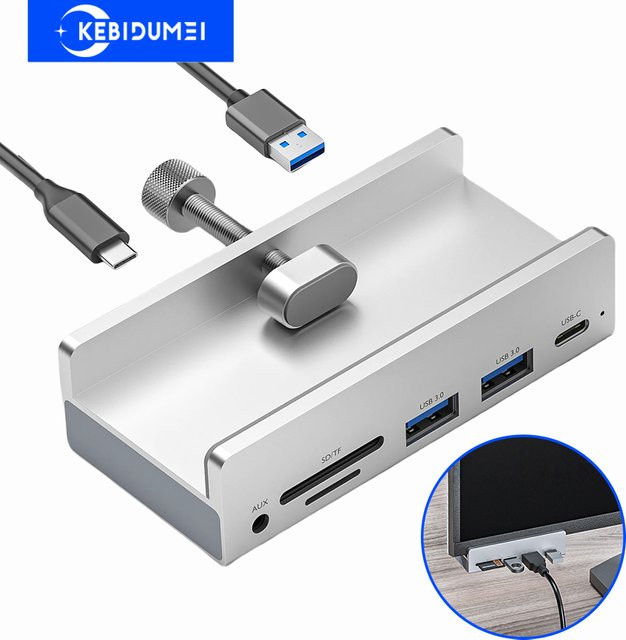 kebidumei USB-C Dockingstation mit 6 Ports im Clip-Style, USB 3.0 Hub mit 5 Gbit/s Übertragungsrate, Farbe: Silber - Bild 1