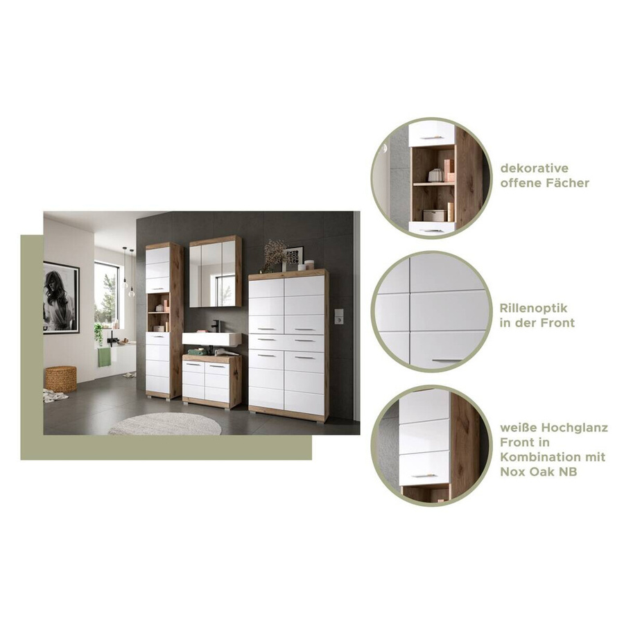 Badkombination Wave von xonox.home in Weiß Hochglanz und Nox Oak, 4-teiliges Badezimmer-Set mit Spiegelschrank, Waschtischunterschrank, Hochschrank und Seitenschrank, B/H/T: 204 x 191 x 34 cm - Bild 2