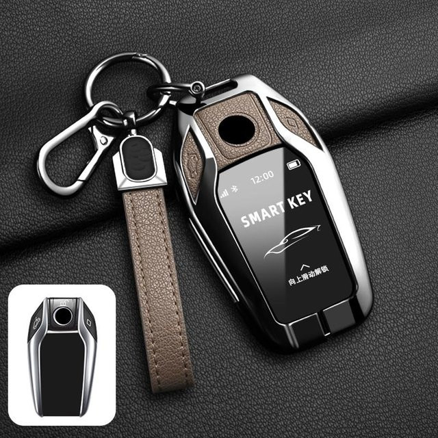 Metall und Leder Schutzhülle für BMW LCD Display Smart Key Abdeckung in Grau für 5er 7er Serie X5 X7 G30 G11 G12 - Bild 1