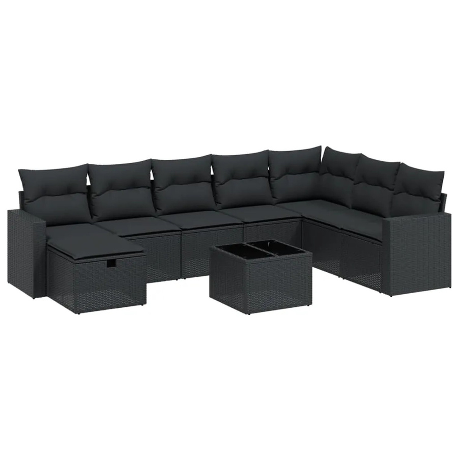 vidaXL 9-tlg Garten-Sofagarnitur in L-Form aus schwarzem Poly-Rattan mit Kissen und pulverbeschichtetem Stahlgestell - Bild 2