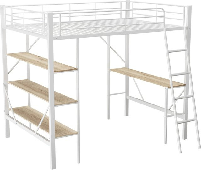 KOMHTOM Hochbett aus Metall und MDF mit Schreibtisch und drei Ablagen, Kinderbett in Weiß, B/T/H: 90 x 200 x 180,5 cm - Bild 1