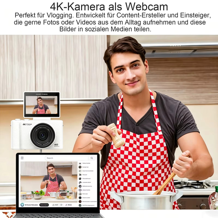 W&O Kompakte Digitalkamera in Schwarz mit 4K, 16X Digitalzoom und 180° Flip-Screen für Vlogging und YouTube inklusive 32GB Speicherkarte - Bild 4