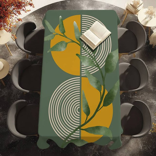 Wasserdichte und fleckenabweisende Tischdecke mit grünem Blätter-Blumen-Design von Fancy Style Studio aus Polyester, B/B: 100 x 140 cm - Bild 1