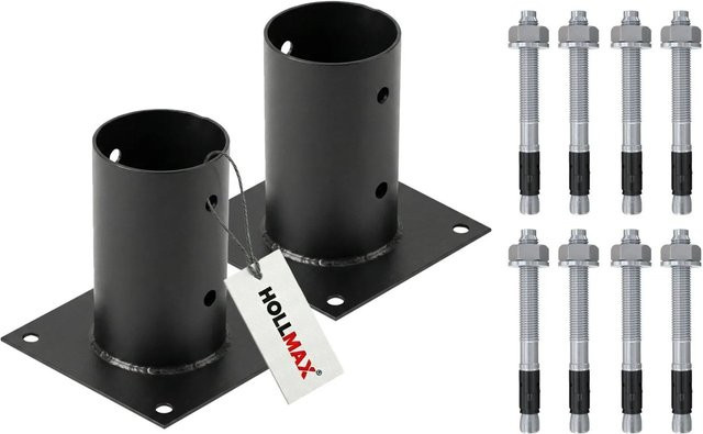 HOLLMAX Pfostenträger Set mit 2 Aufschraubhülsen für Rundholzpfosten 80 mm und Schwerlastankern in Schwarz matt pulverbeschichtet - Bild 1