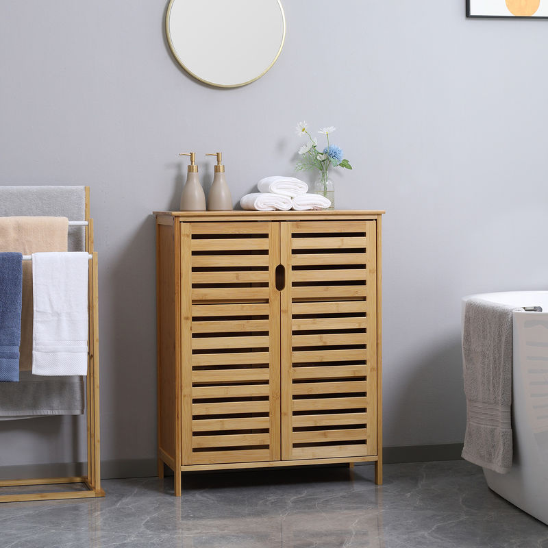 kleankin Badezimmerschrank aus Bambus mit 2 Lamellentüren und 2 Innenregalen, Braun, B/T/H: 68 x 32 x 86 cm - Bild 2