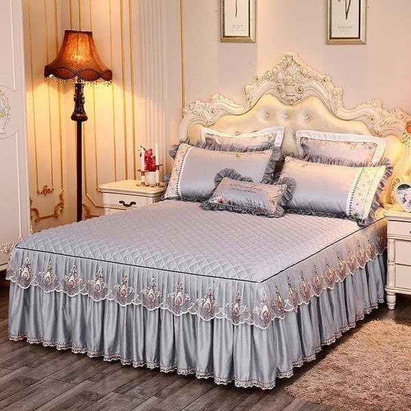 Luxus Bettwäsche-Set Prinzessin mit Spitze und gesteckter Tagesdecke aus Baumwolle und Polyester, Hellgrau, B/T: 180 x 200 cm - Bild 1