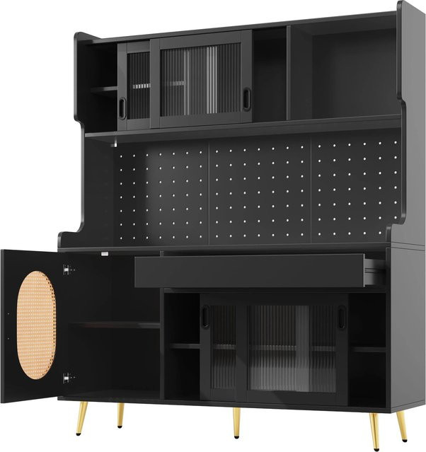 okwish Buffetschrank im Landhausstil mit LED-Lichtleiste, Schwarz, B/T/H: 145 x 39 x 171 cm - Bild 1