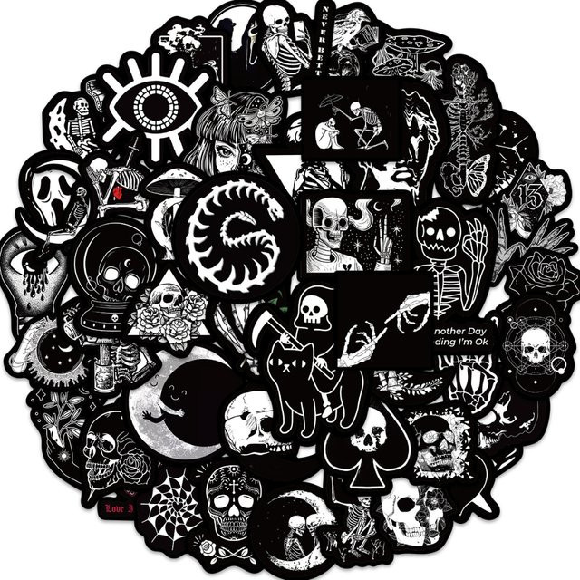 50 Stück wasserfeste Gothic-Horror-Aufkleber in Schwarz von Golden Memory Stickers Store für Skateboard, Laptop und Helm - Bild 1