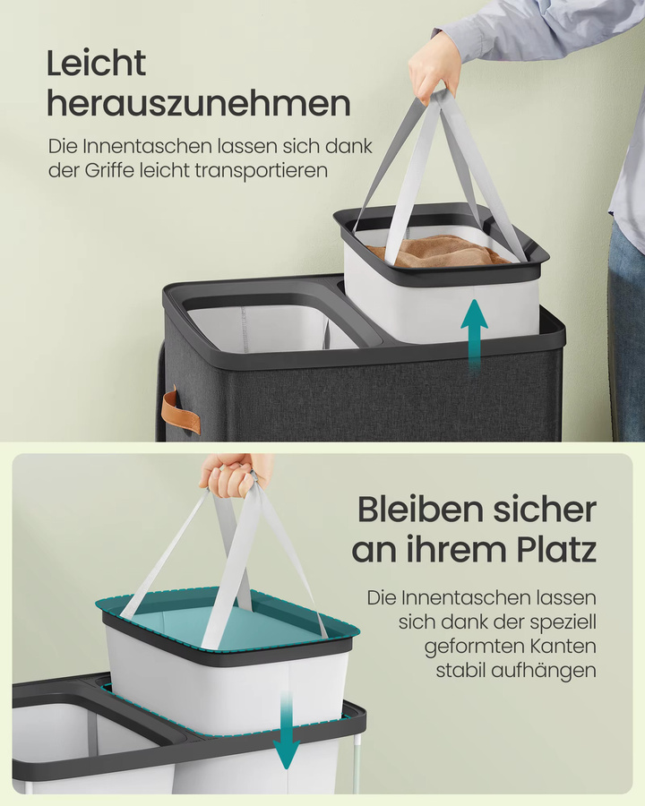 SONGMICS Wäschekorb mit 2 Fächern und Deckel in Beige, 170 l, B/T/H: 56 x 40 x 75 cm - Bild 5
