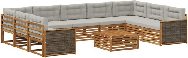 vidaXL Outdoor-Sofagarnitur L-Form aus Akazienholz mit 10 Kissen in Hellgrau und Natur - Bild 1