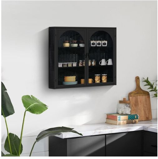 MUVOE Wandregal modern in Schwarz mit Glastüren und drei Regalböden, Breite: 70 cm - Bild 1