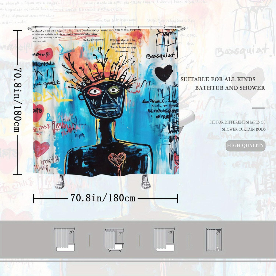 Duschvorhang mit abstrakter humanoider Figur im Graffiti-Stil, Mehrfarbig, Breite: 140 cm, Höhe: 180 cm - Bild 3