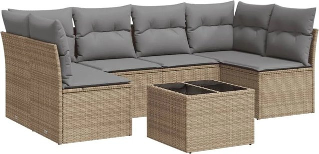 vidaXL 7-tlg Garten-Sofagarnitur aus Poly-Rattan in Beige mit Kissen und pulverbeschichtetem Stahlgestell - Bild 1