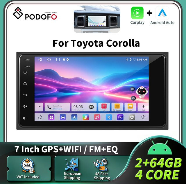 Podofo 7-Zoll Carplay Android Autoradio für Toyota Corolla mit GPS und RDS-Multimedia-Funktion in Schwarz - Bild 1