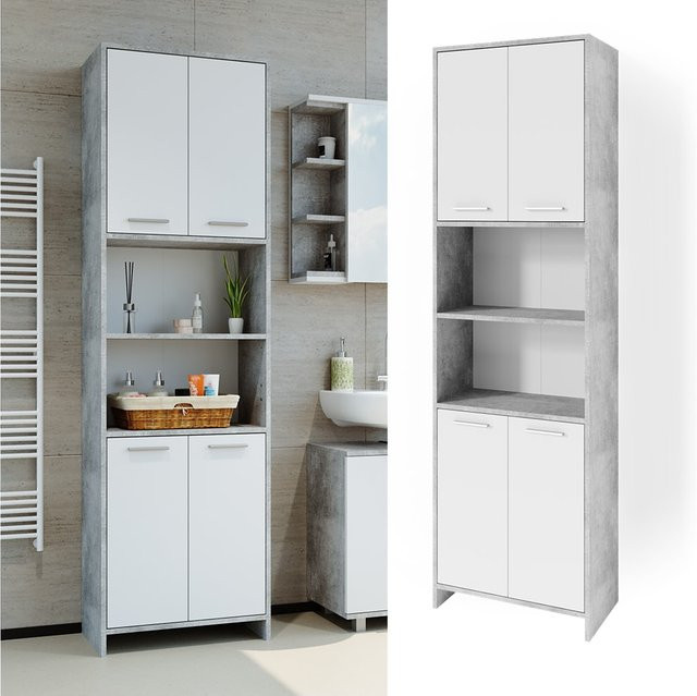 Vicco Badschrank Maris Hochschrank für das Badezimmer in Beton und Weiß, B/T/H: 56,1 x 36,6 x 190,0 cm - Bild 1