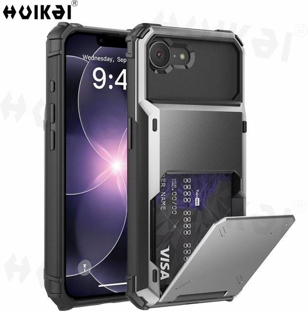 Huikai Schutzhülle für iPhone 17e und iPhone 16e mit 4 Kartenfächern, robustes Doppelschicht-Design mit Stoßfestigkeit und verstecktem Klappverschluss, Schwarz - Bild 1