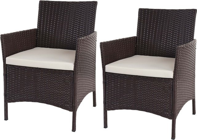 MCW 2er-Set Poly-Rattan Gartensessel Halden in Braun-meliert mit beigen Stoffkissen - Bild 1