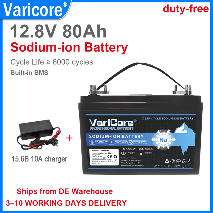 VariCore 12V 80Ah Natrium-Ionen-Batterie mit 6000+ Deep Cycle, BMS für -40 °C und 400A maximalem Entladestrom in Schwarz für Wohnmobile, Solar, Camping und Boote - Bild 2