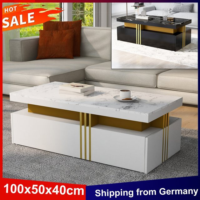 Anajqaqia Moderner Couchtisch mit 2 Schubladen und Hochglanzplatte, rechteckiger Beistelltisch in Marmoroptik, B/T/H: 100 x 50 x 40 cm - Bild 1