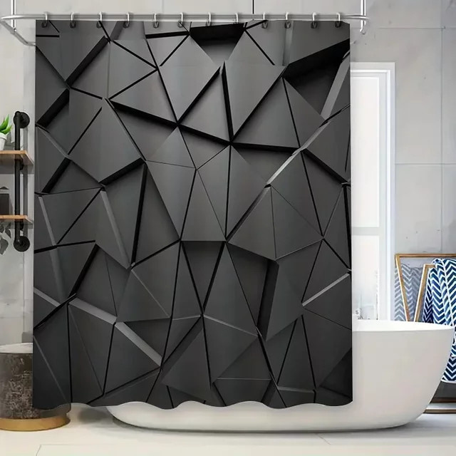 Moderner wasserdichter Duschvorhang mit schwarzem geometrischem Dreiecksdesign, Höhe: 180 cm, Breite: 90 cm - Bild 1