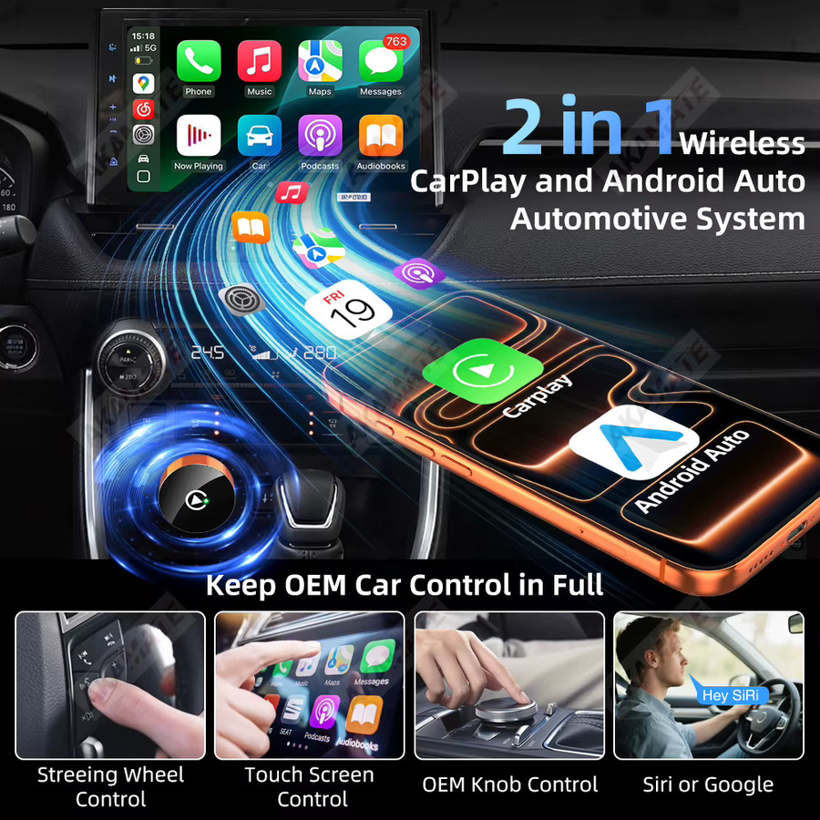 AKAMATE 2-in-1 CarPlay und Android Auto Dongle mit Bluetooth und WiFi für Honda Toyota VW Benz Nissan als Plug-and-Play Smart Box - Bild 2
