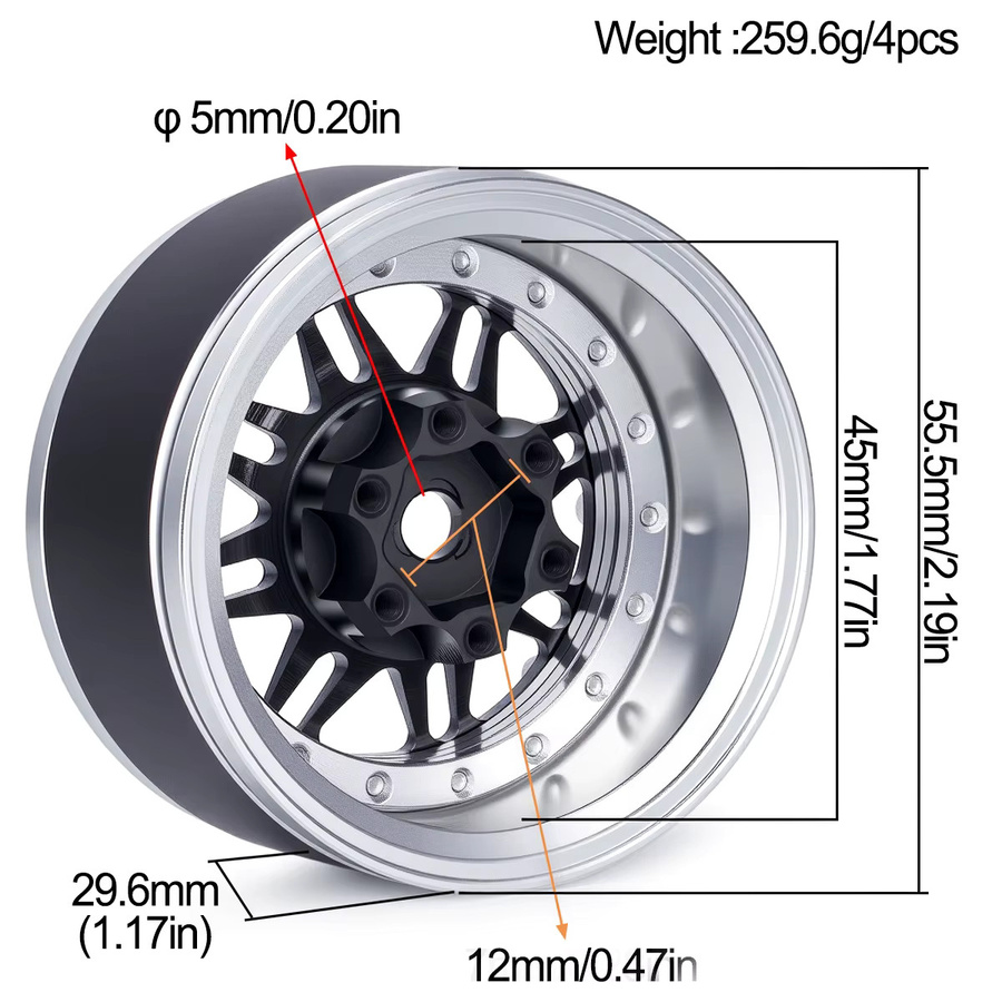 MALOM RC Aluminium Beadlock Felgen, 4-teiliges Set, 1:10, Schwarz, Metall - Bild 2
