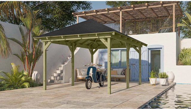 Karibu Pavillon Bever 4 Set mit Walmdach und Schindeln in Schwarz, B/T/H: 429 x 289 x 296 cm - Bild 1