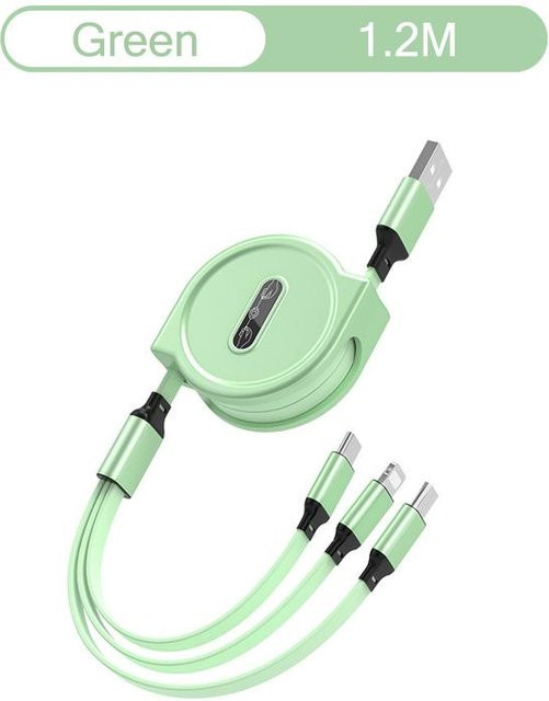 Y.Better 3 in 1 Ausziehbares USB-Schnellladekabel mit Micro-USB, USB-C und Lightning Anschlüssen in Grün, 2,4 A - Bild 1