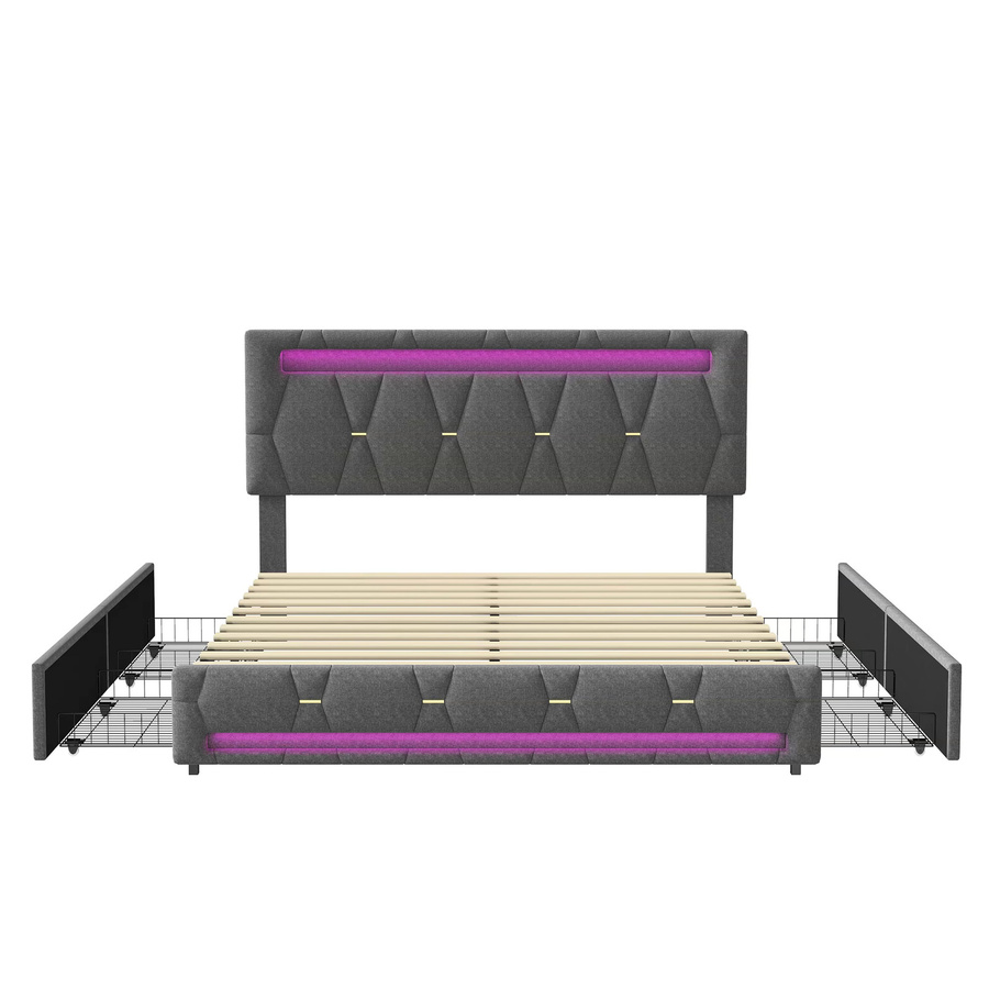 Gepolstertes Doppelbett mit LED-Beleuchtung und Schubladen in Grau, B/T: 160 x 200 cm - Bild 2