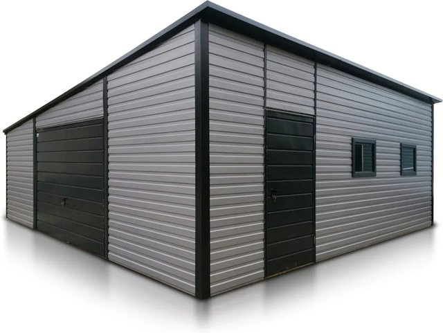 Liderstal Einzelgarage Basic aus Trapezprofilblech mit Pultdach und Schwingtor in Graphit Grau, B/T: 700 x 700 cm - Bild 1